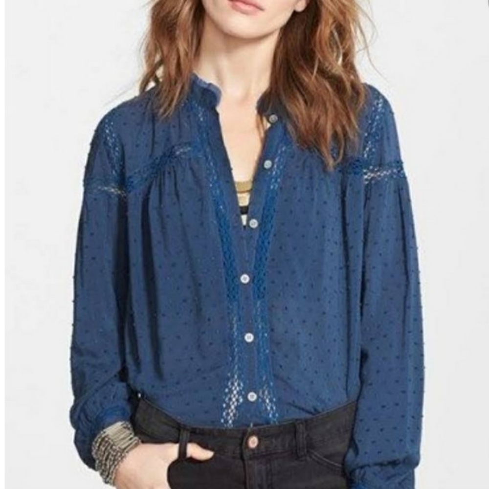 Free People Every Day Girl Swiss Dot Blue Rayon - Picture 2 of 9